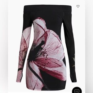 Off-Shoulder Black Dress with Pink Floral Design
